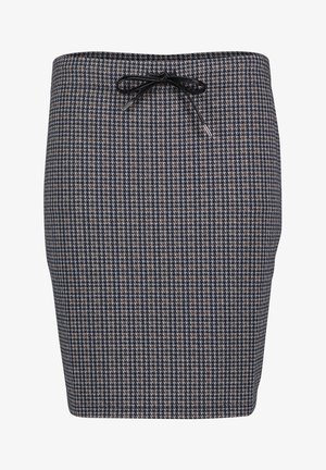 Knælang blyantskørt i et houndstooth-mønster med marineblå, grå og brune nuancer. Har en sort snor i taljen.