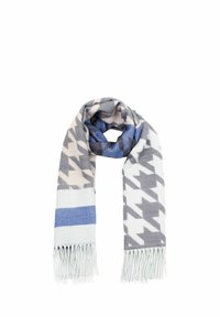 Blausschwarzer und grauer Schal mit Hahnentrittmuster, der eine weiche Textur und fransige Kanten aufweist, entworfen für Wärme und Komfort.