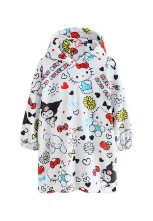 Witte kinderbadjas met capuchon met een kleurrijk patroon van Hello Kitty, bloemen, harten, strikken en tekenfilmfiguren.