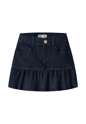 Jupe en denim bleu foncé avec poches avant, fermeture par boutons, passants de ceinture et ourlet volanté.