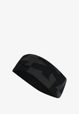 Diadema negra hecha de un material suave y elástico con un patrón sutil. Presenta una textura suave y un diseño elegante.