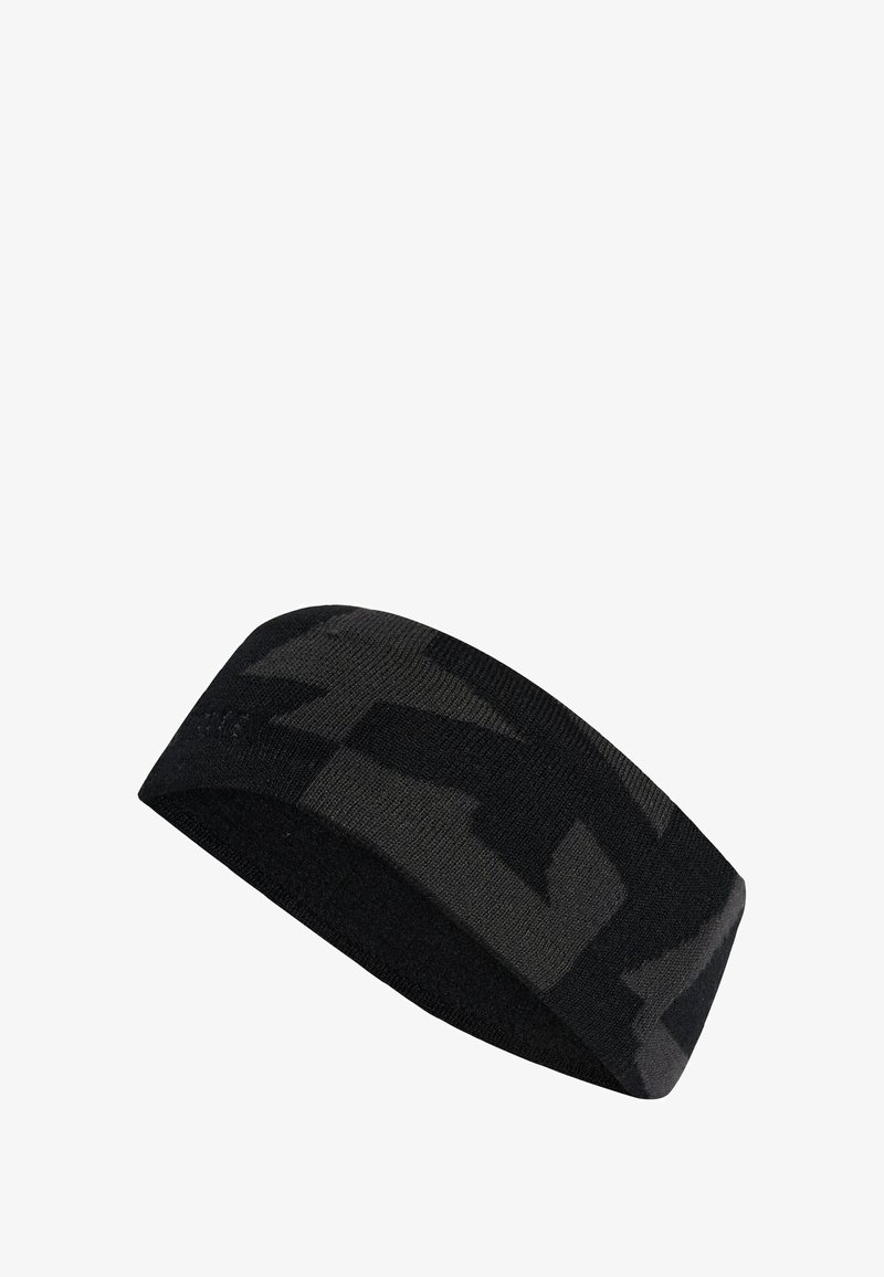 Bandeau noir fabriqué à partir d'un matériau doux et extensible avec un motif subtil. Il présente une texture lisse et un design élégant.