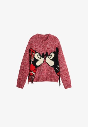 Červený pletený sveter s grafickým motívom dvoch tvárí v čiernobielom prevedení a s detailmi vo forme strapcov po bokoch.