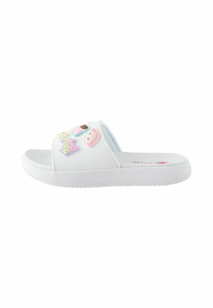 White slide sandal with thick sole, decorated with colorful cartoon patches including an ice cream and animal face.