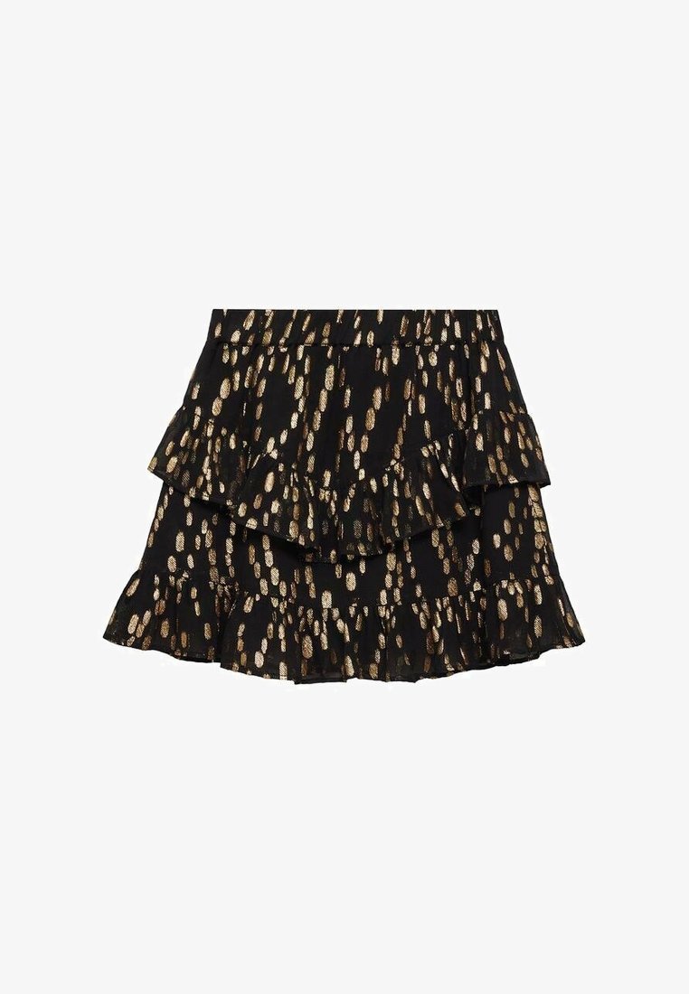 Jupe noire à volants avec des couches superposées ornées d'un motif ovale doré. Le tissu est léger et semi-transparent avec une ceinture élastique.