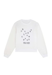 Felpa, tessuto bianco, design con scollo rotondo. Presenta testo nero: "SCAPER COMPANY SKULL STUDIO" sul davanti. Maniche e orlo a coste.