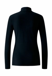 Schwarzes Langarmshirt mit hohem Kragen, aus glattem Stoff gefertigt. Verfügt über eine taillierte Form und ein minimalistisches Design, ohne sichtbare Muster.