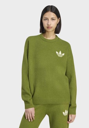 Kvinde med glat, mørkt hår iført olivengrøn sweater og matchende bukser med hvide Adidas-logoer, stående mod en ensfarvet lys baggrund.