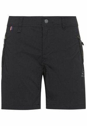 Zwarte outdoor shorts met riemlussen, een knoop aan de voorkant en ritssluitingen aan de zijkanten, met een klein logo op het rechterbeen.
