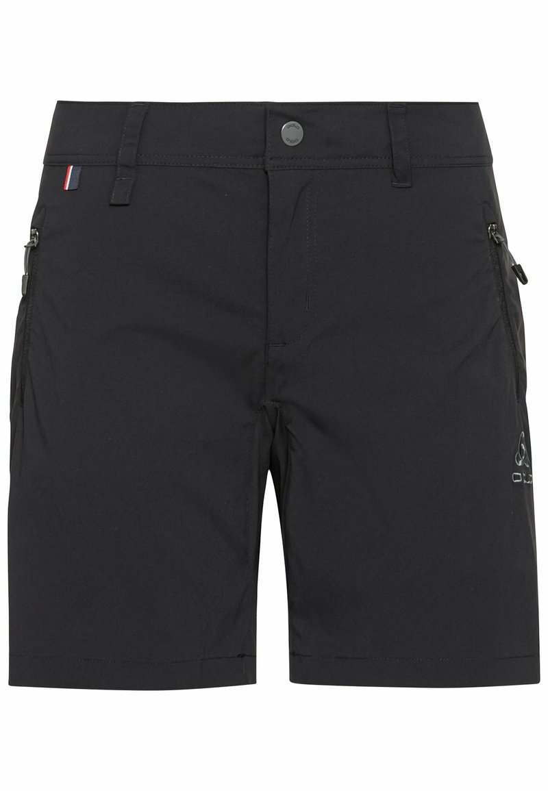 Shorts d'extérieur noirs avec passants de ceinture, bouton à l'avant et poches latérales zippées, avec un petit logo sur la jambe droite.