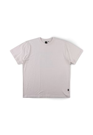 Schlichtes hellgraues T-Shirt mit kurzen Ärmeln und Rundhalsausschnitt, flach liegend mit einem kleinen schwarzen Label am unteren Saum auf weißem Hintergrund.
