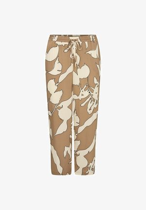 Pantaloni bej cu un model floral abstract alb. Au un waistband elastic cu șnur, picioare largi și o textură de țesătură netedă.