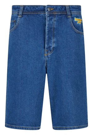 Sötétkék farmer rövidnadrág, kontrasztos narancssárga varrással. Gombos záródással és elülső zsebekkel rendelkezik. Egyszerű, egyenes szárú kialakítás.