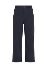 Pantaloni di cotone blu navy con design a gamba dritta, dotati di chiusura con bottone e zip, passanti per cintura e tasche frontali.