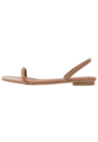 Vaaleanruskeat lakkapintaiset sandaalit, joissa on litteä pohja. Sandaalit sisältävät yhden varvaslenkin ja kapeat hihnat. Yksinkertainen, minimalistinen muotoilu, jossa on kauniit linjat.