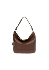 Sac hobo en cuir brun avec une forme arrondie en haut, une bandoulière, une étiquette sur le côté et une texture lisse. Présente des accents métalliques minimalistes.
