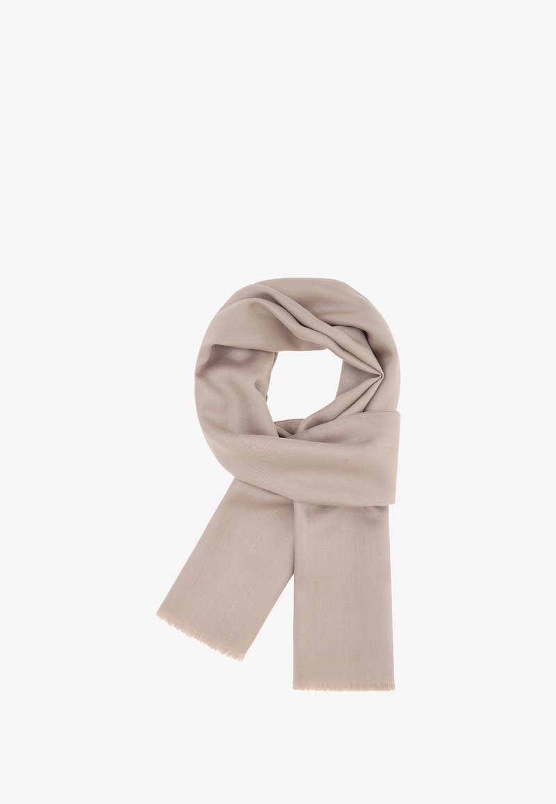 Beige spalvas šalikas, pagamintas iš minkštos medžiagos, su lygiu paviršiumi, elegantiškai suvyniotas su kutais, suprojektuotas paprasto ir universalios formos.