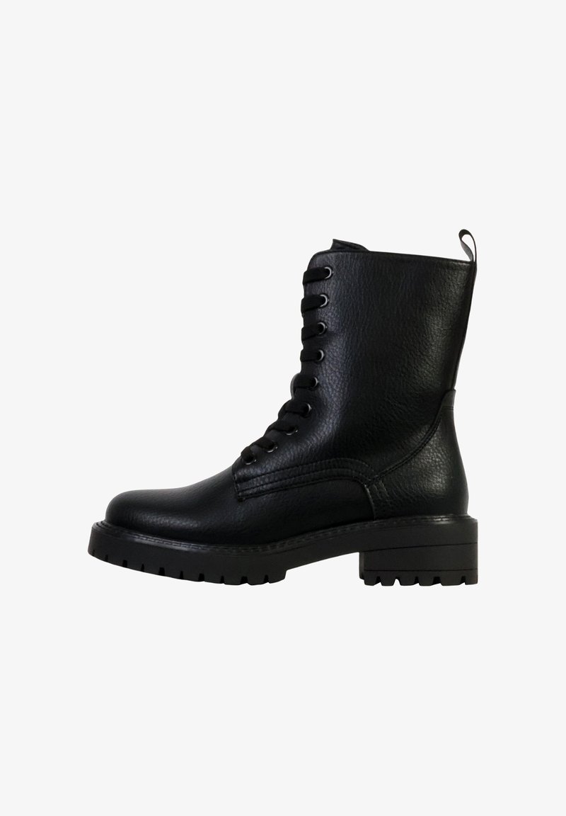 Bottelettes en cuir noir à bout arrondi, lacets à l'avant, talon épais et finition texturée. Convient pour une tenue décontractée ou robuste.