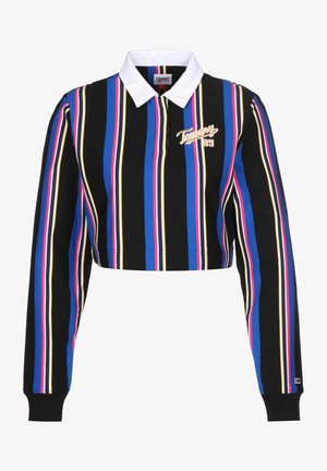 Cropped polo tričko s dlouhými rukávy, vertikálními pruhy v černé, modré, růžové a žluté barvě, bílým límečkem a logem "Tommy 85" na hrudi.