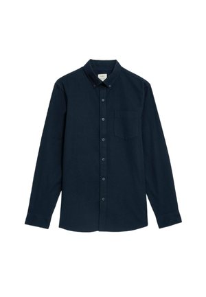 Marineblauwe overhem geworden met lange mouwen, een button-down kraag, een enkele borstzak en een gladde, geweven stof.