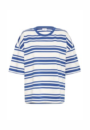 Gestreepte t-shirt met korte mouwen, voorzien van blauwe en witte horizontale strepen, ronde hals en een ontspannen pasvorm. Katoenen materiaal.