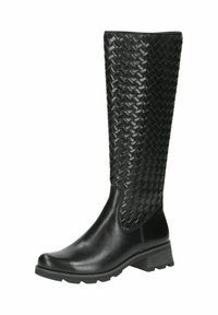 Botas negras hasta la rodilla con un diseño de cuero trenzado en el caña, punta de cuero liso y tacón texturizado para una mejor tracción.