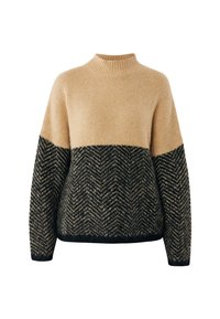 Jersey para mujer en beige y negro con cuello alto, mangas largas y patrón de flecha en la parte inferior y mangas.