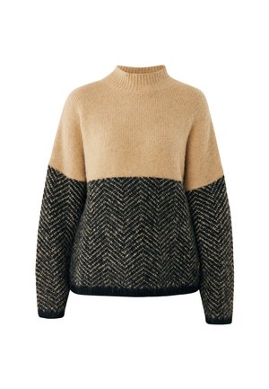 Jersey para mujer en beige y negro con cuello alto, mangas largas y patrón de flecha en la parte inferior y mangas.