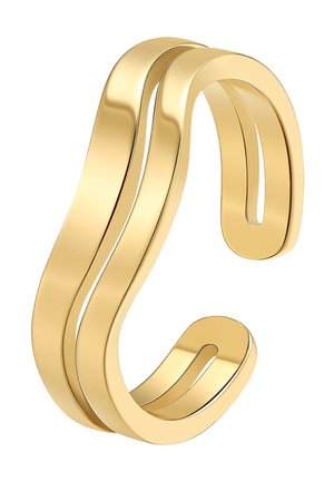 Glänzendes goldenes offenes Manschettenarmband mit Doppelwellen-Design und glatten, gebogenen Kanten auf weißem Hintergrund.