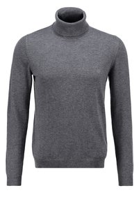 Pull à col roulé gris à manches longues avec poignets et ourlet côtelés, en tissu tricoté doux.