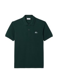 Donkergroene polo shirt van katoen, met een klassieke kraag, korte mouwen en een klein geborduurd krokodillenlogo op de borst.