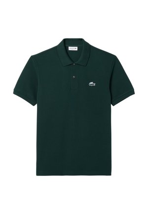 Donkergroene polo shirt van katoen, met een klassieke kraag, korte mouwen en een klein geborduurd krokodillenlogo op de borst.