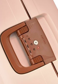 Combinazione di lucchetto marrone con fessura per chiave e maniglia testurizzata su valigia Delsey beige.