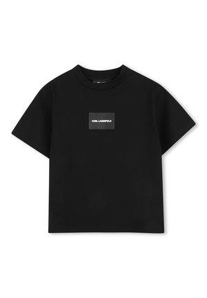 Zwart T-shirt met korte mouwen en ronde hals, voorzien van een klein rechthoekig logopatch met de tekst "KARL LAGERFELD" centraal op de borst.