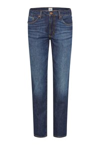 Jeans in denim blu scuro con vestibilità dritta, dotati di cinque tasche, cuciture marroni e chiusura con bottone in vita. Texture liscia.