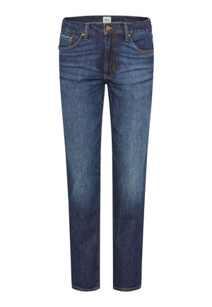 Mørkeblå denim jeans med lige pasform, der har fem lommer, brun syning og knaplukning i taljen. Glat tekstur.