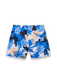 Svøm shorts i blå med et blomstermønster, der har hvide, orange og sorte accenter. Indeholder en baglomme og elastisk talje.
