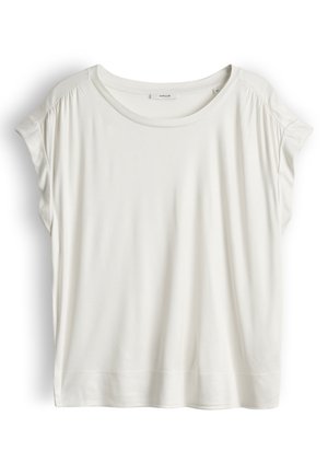 Kurzärmlige weiße Damenbluse mit rundem Ausschnitt und leichten Schulterraffungen, flach auf weißem Hintergrund dargestellt.