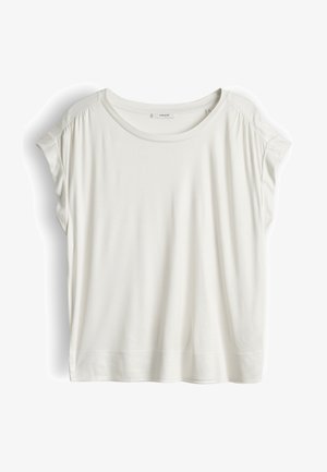 Kurzärmlige weiße Damenbluse mit rundem Ausschnitt und leichten Schulterraffungen, flach auf weißem Hintergrund dargestellt.