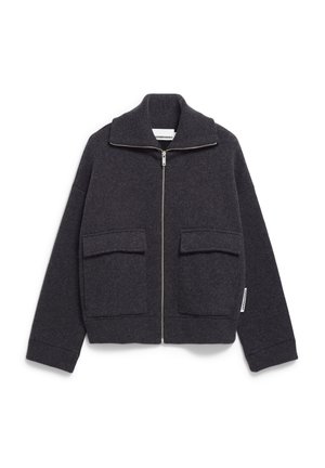 Dark gray zip-up jacket made of wool, featuring a high collar, two front pockets, and ribbed cuffs. Clean lines and soft texture.