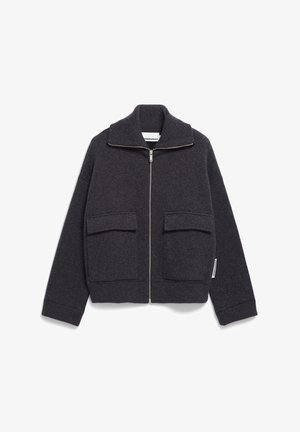 Donkergrijze zip-up jas van wol, met een hoge kraag, twee frontzakken en geribde manchetten. Stijlvolle lijnen en een zachte textuur.