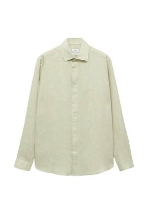 Lichtgroene lange mouwen shirt met een puntige kraag, knoopsluiting aan de voorkant en een subtiele textuur. Gemaakt van een lichte stof.