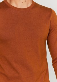 Brązowy, dziany sweter z okrągłym dekoltem, prążkowaną fakturą i długimi rękawami. Materiał wydaje się miękki i dopasowany, o bezszwowym wykończeniu.