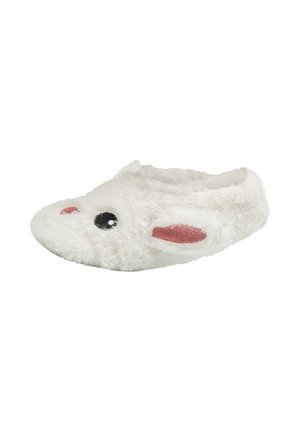 Witte pluche slof met een afgeronde neus, gedetailleerd met zwarte ogen en roze oren. Zachte textuur verhoogt de warmte en het comfort.
