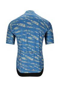 Maillot de cyclisme bleu à manches courtes avec des rayures abstraites beiges, trois poches arrière et une bordure noire en bas.