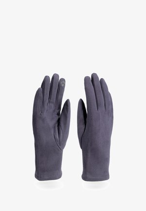 Guanti in pile grigi con una texture morbida, forma aderente e un accento floreale sulla punta delle dita per la compatibilità con il touchscreen.