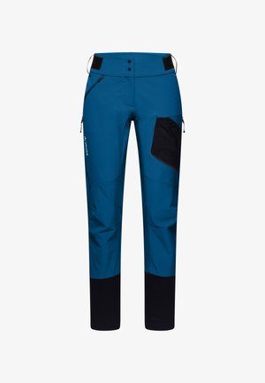 Pantalons d'extérieur bleus en tissu léger, dotés d'une poche texturée noire, de deux zips sur les côtés et d'une taille ajustable.