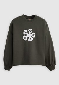 Sweat-shirt vert foncé avec des manches bouffantes et un design floral abstrait blanc formant le mot "Levi's" au centre devant.