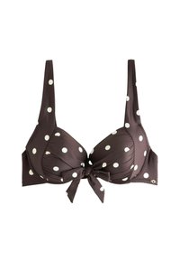 Top bikini a pois marroni con supporto in filigrana, spalline regolabili e dettaglio con fiocco al centro. Il tessuto sembra liscio ed elastico.