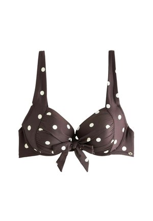 Brauner Bikini-Oberteil mit Punkten, unterwire Unterstützung, verstellbaren Trägern und einer Schleifendetail in der Mitte. Der Stoff wirkt glatt und elastisch.